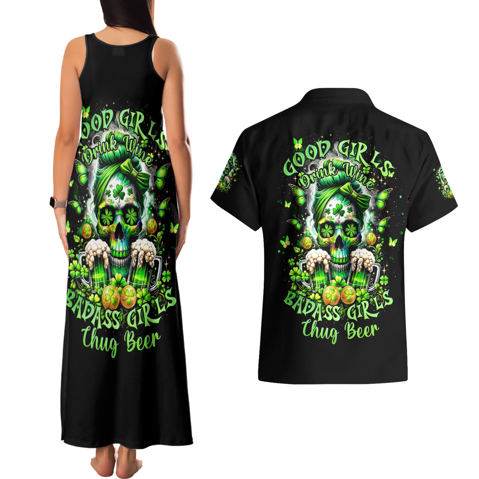 Irish Skull Couples Matching Tank Maxi Dress and Hawaiian Shirt Good Girls Drink Wine Badass Girls Thug Beer