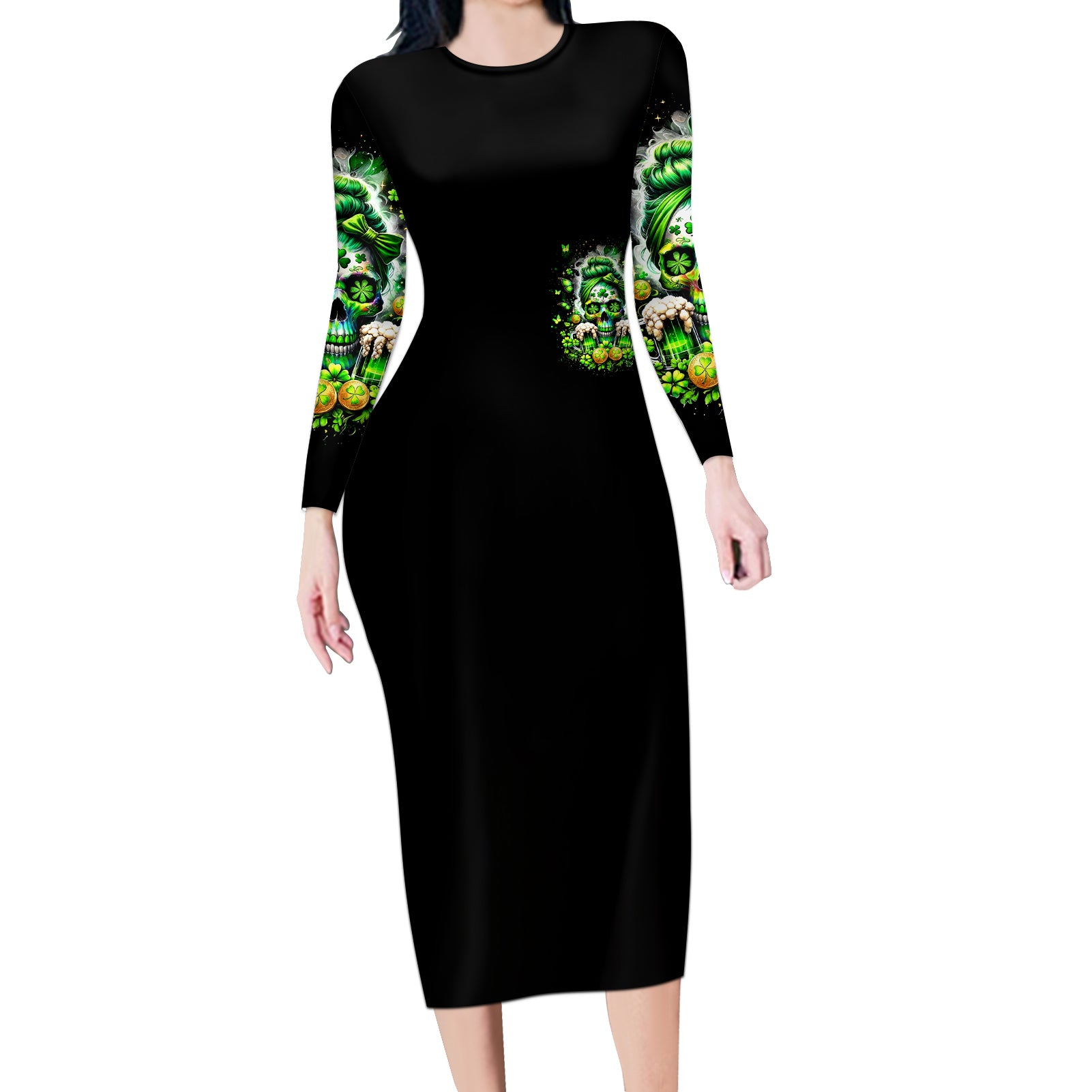 Irish Skull Long Sleeve Bodycon Dress Good Girls Drink Wine Badass Girls Thug Beer