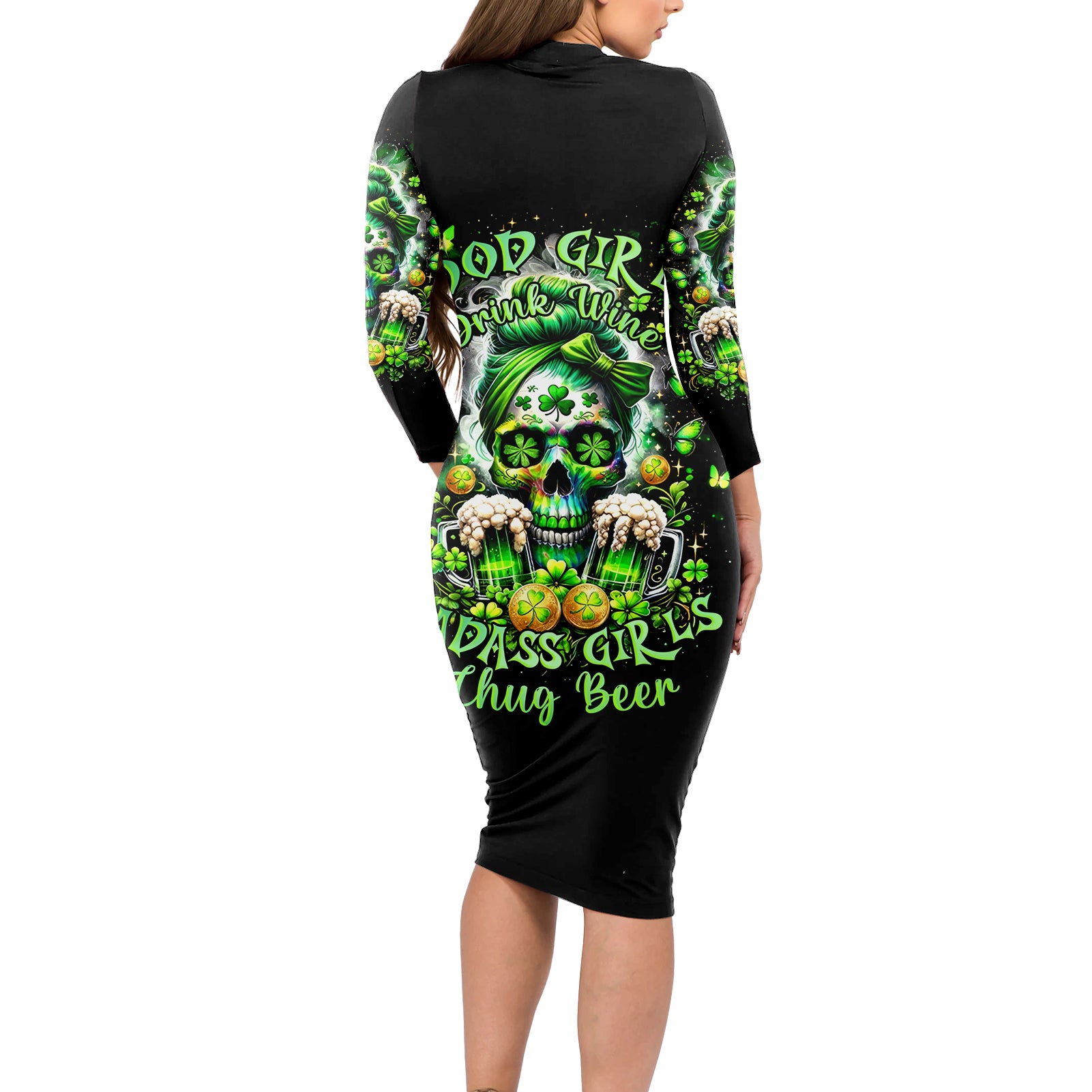 Irish Skull Long Sleeve Bodycon Dress Good Girls Drink Wine Badass Girls Thug Beer