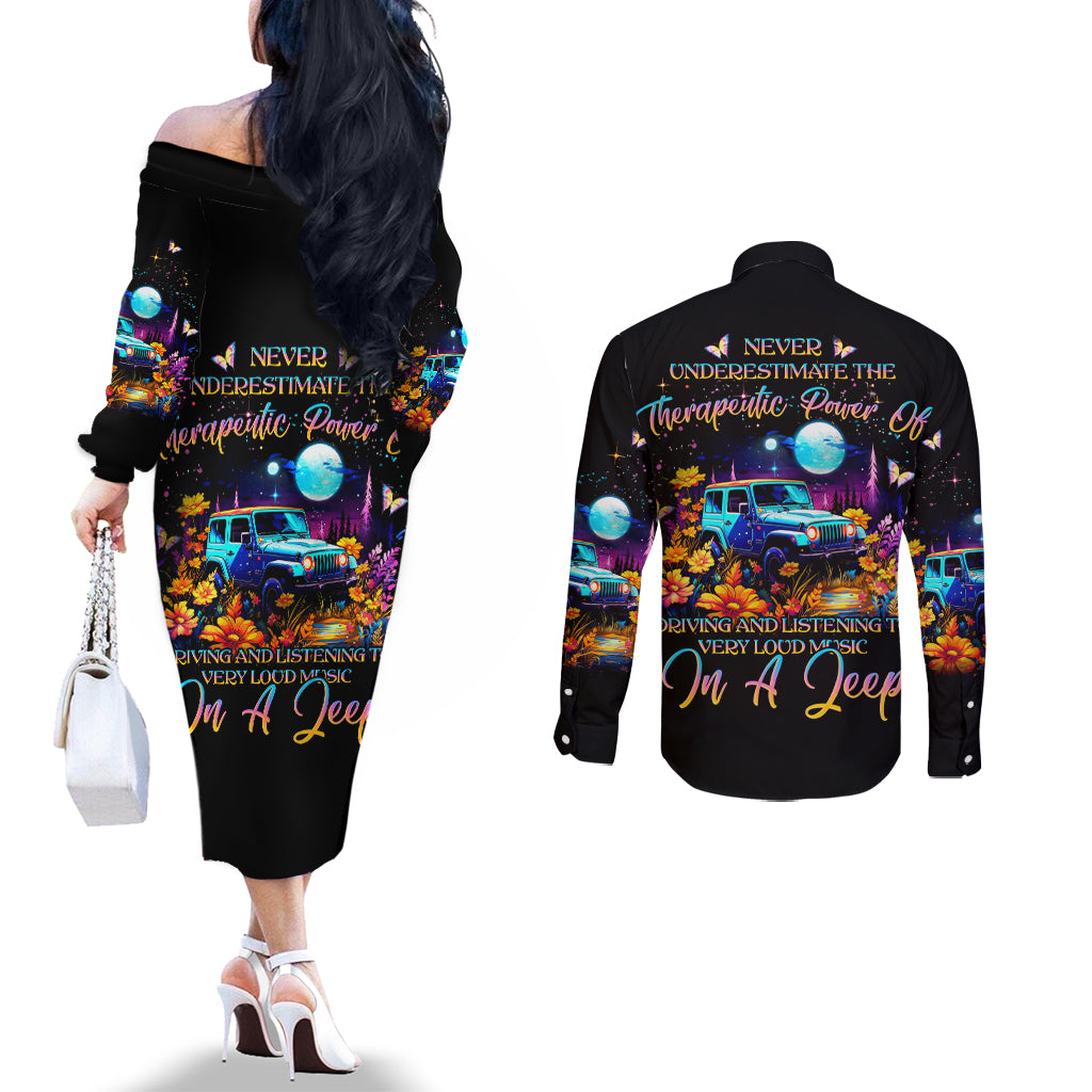 Flower Jeep Couples Matching Off The Shoulder Long Sleeve Dress and Long Sleeve Button Shirt Never Underestimate The Therapeutic Power Of Jeep