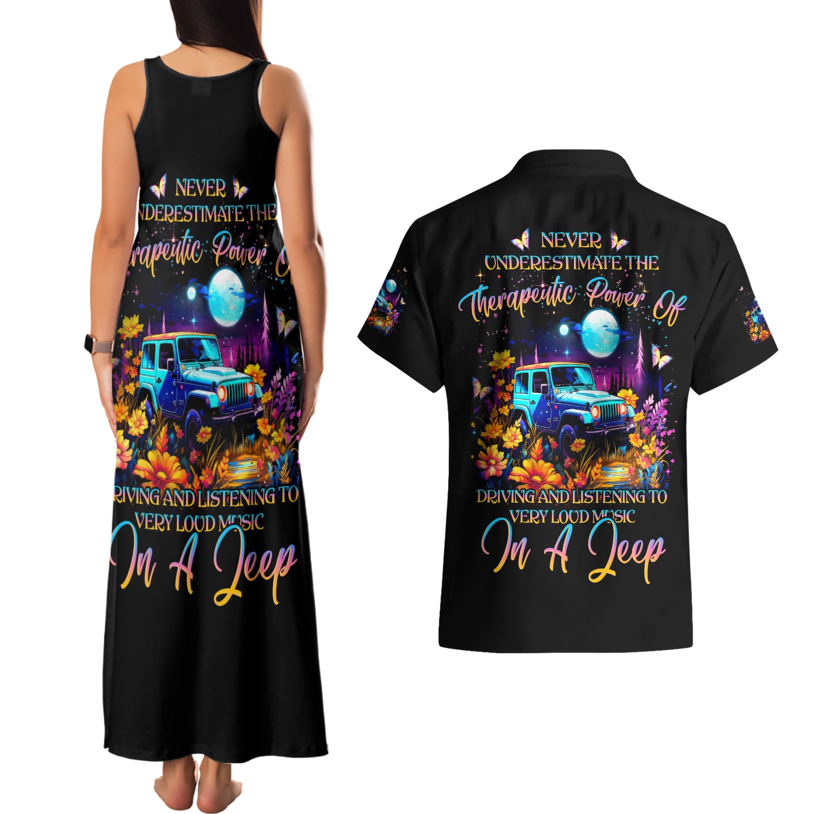 Flower Jeep Couples Matching Tank Maxi Dress and Hawaiian Shirt Never Underestimate The Therapeutic Power Of Jeep