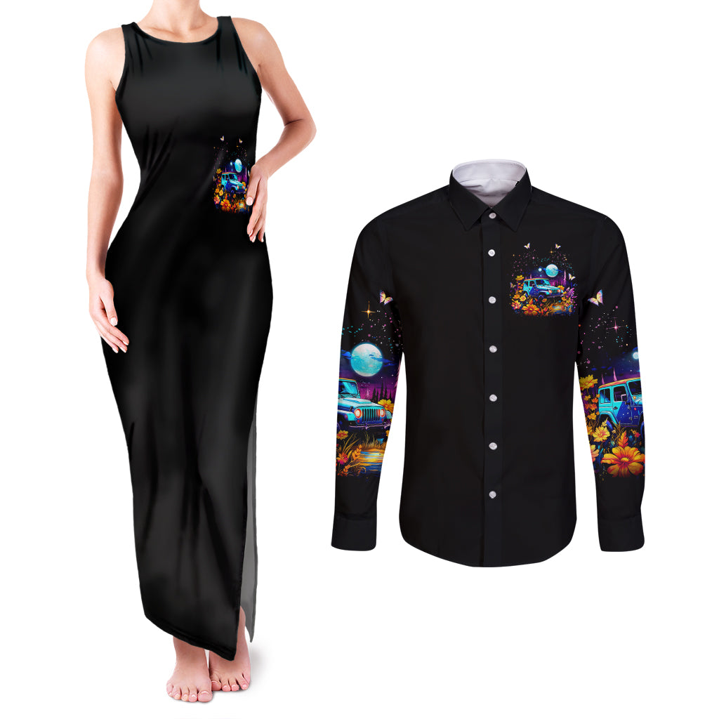 Flower Jeep Couples Matching Tank Maxi Dress and Long Sleeve Button Shirt Never Underestimate The Therapeutic Power Of Jeep