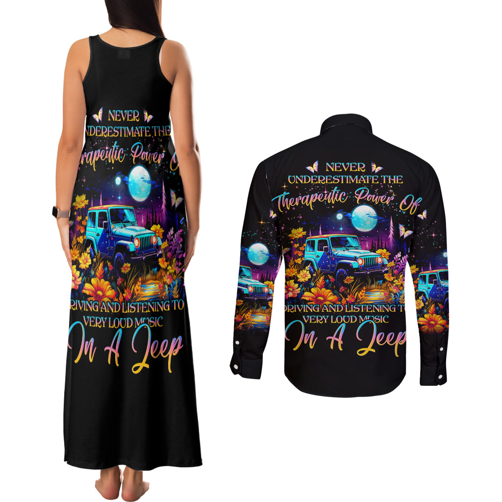 Flower Jeep Couples Matching Tank Maxi Dress and Long Sleeve Button Shirt Never Underestimate The Therapeutic Power Of Jeep