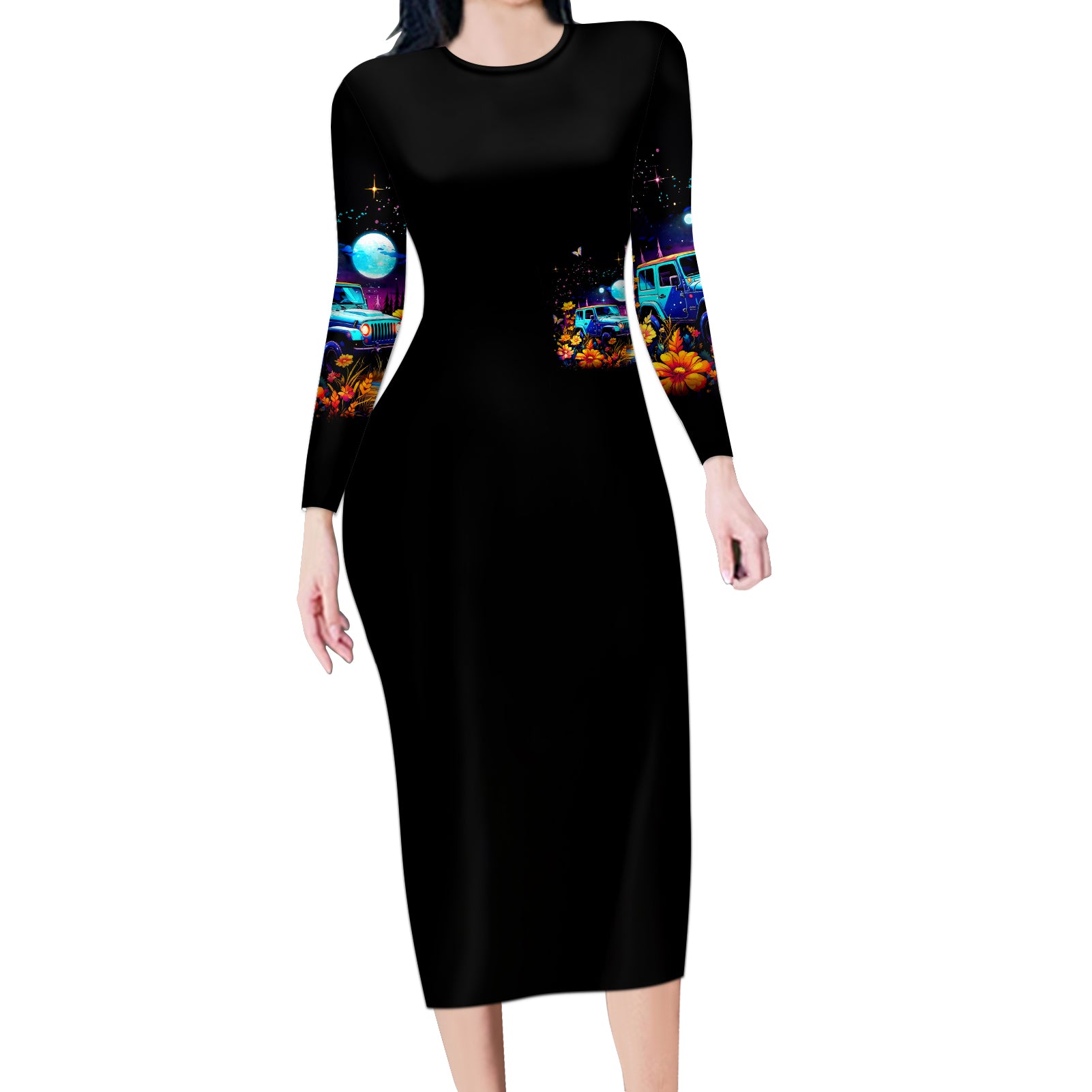 Flower Jeep Long Sleeve Bodycon Dress Never Underestimate The Therapeutic Power Of Jeep