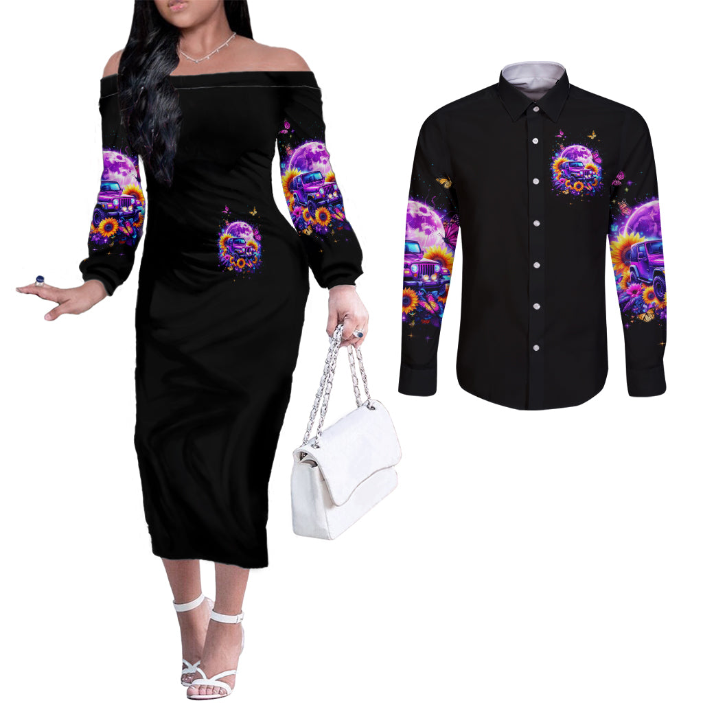 Sunflower Jeep Couples Matching Off The Shoulder Long Sleeve Dress and Long Sleeve Button Shirt Hello Darkness My Old Friend
