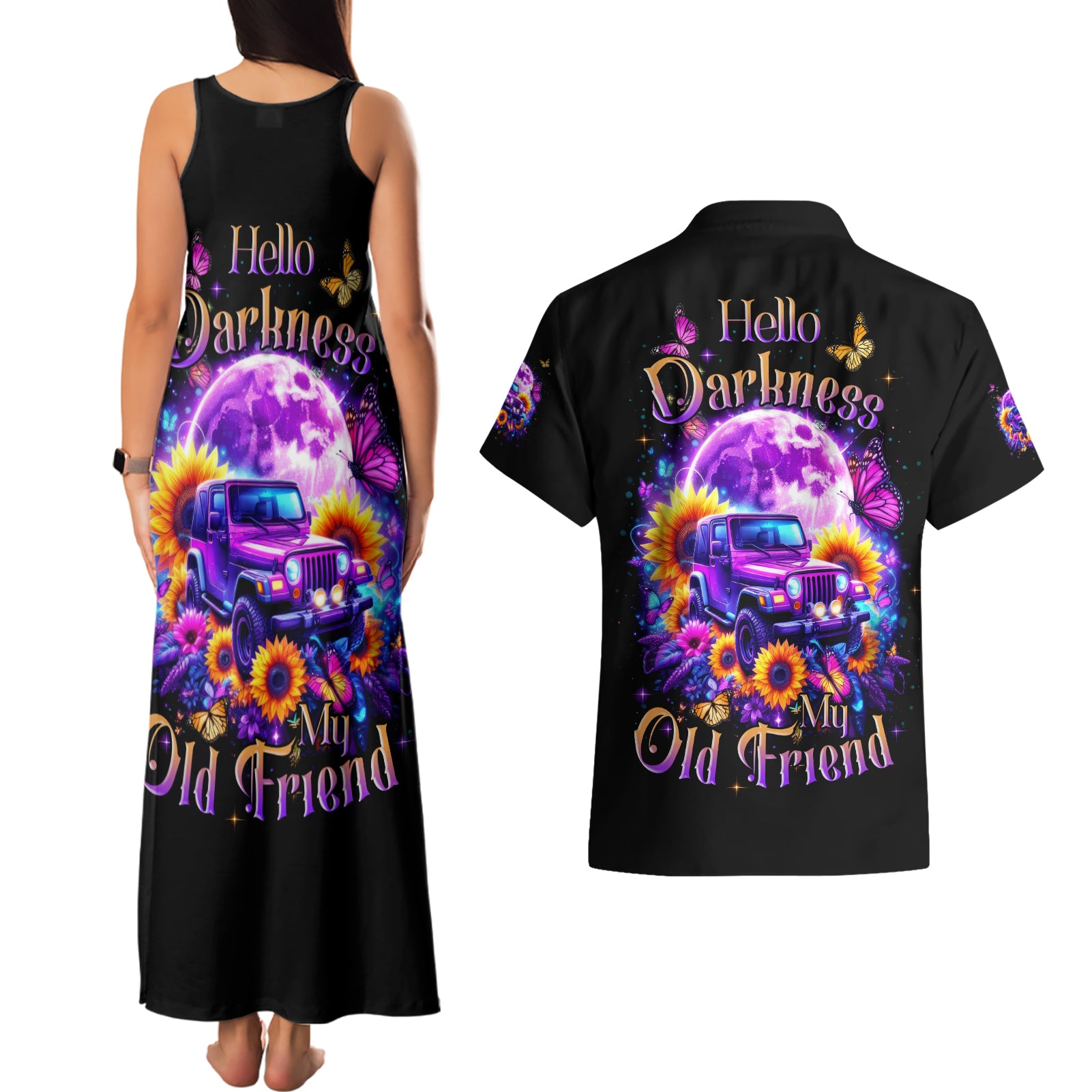 Sunflower Jeep Couples Matching Tank Maxi Dress and Hawaiian Shirt Hello Darkness My Old Friend