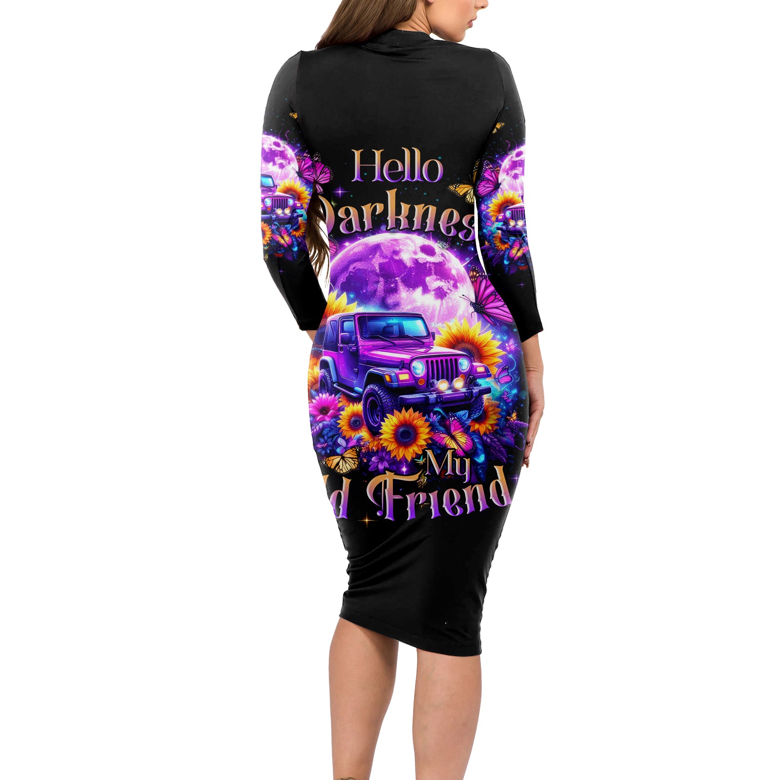 Sunflower Jeep Long Sleeve Bodycon Dress Hello Darkness My Old Friend