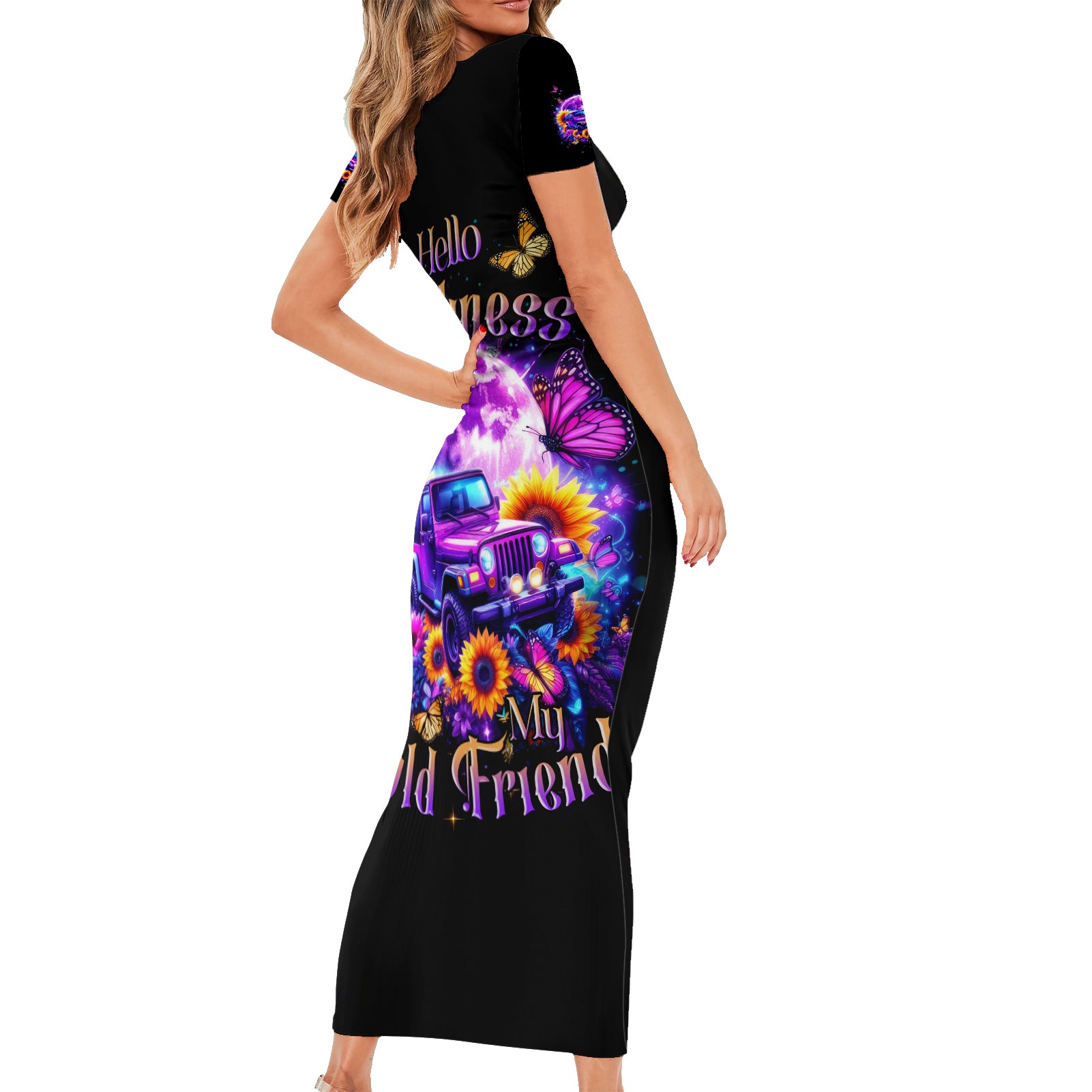 Sunflower Jeep Short Sleeve Bodycon Dress Hello Darkness My Old Friend
