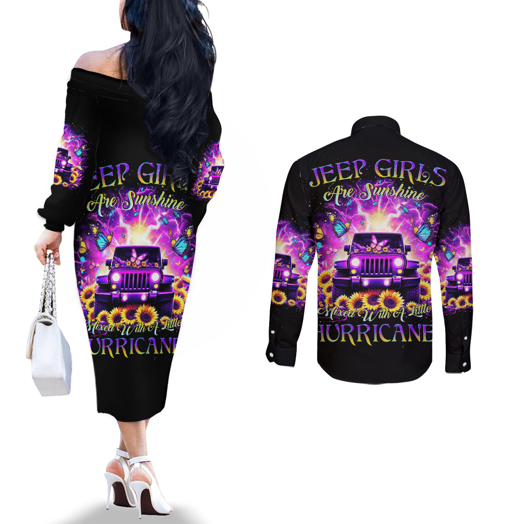 Sunflower Jeep Couples Matching Off The Shoulder Long Sleeve Dress and Long Sleeve Button Shirt Jeep Girl Are Sunshine Mixed With A Little Hurricane
