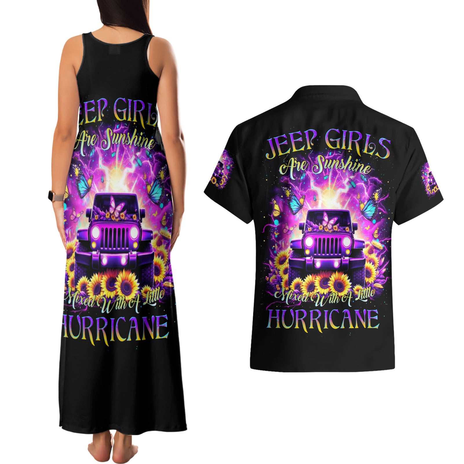 Sunflower Jeep Couples Matching Tank Maxi Dress and Hawaiian Shirt Jeep Girl Are Sunshine Mixed With A Little Hurricane