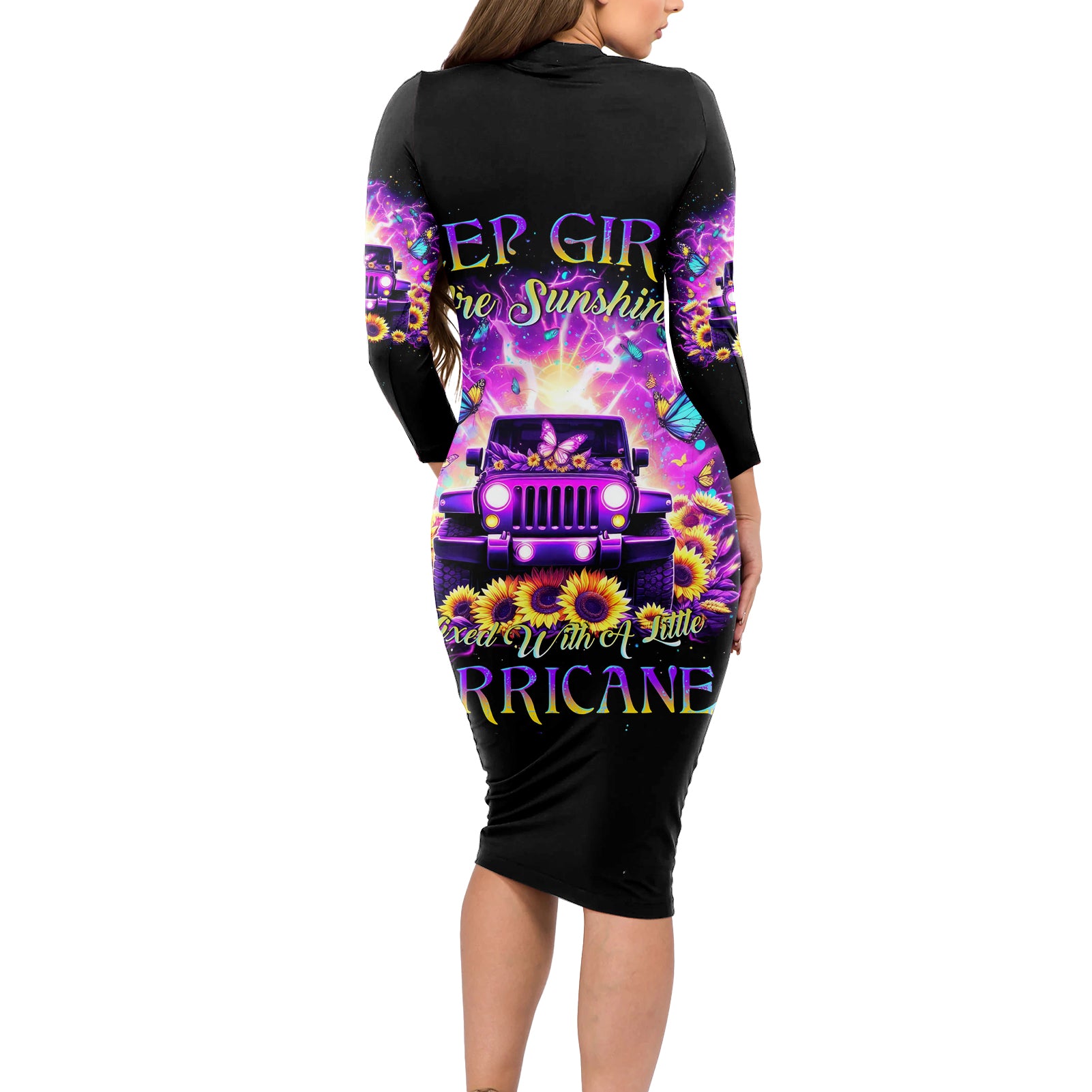 Sunflower Jeep Long Sleeve Bodycon Dress Jeep Girl Are Sunshine Mixed With A Little Hurricane