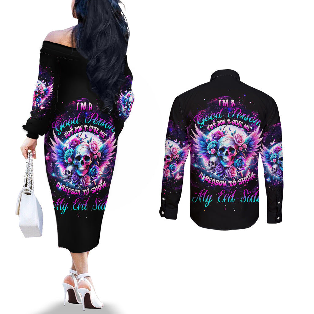 Wings Skll Couples Matching Off The Shoulder Long Sleeve Dress and Long Sleeve Button Shirt I'm A Good Person But Don't Give Me A Reason To Show My Evil