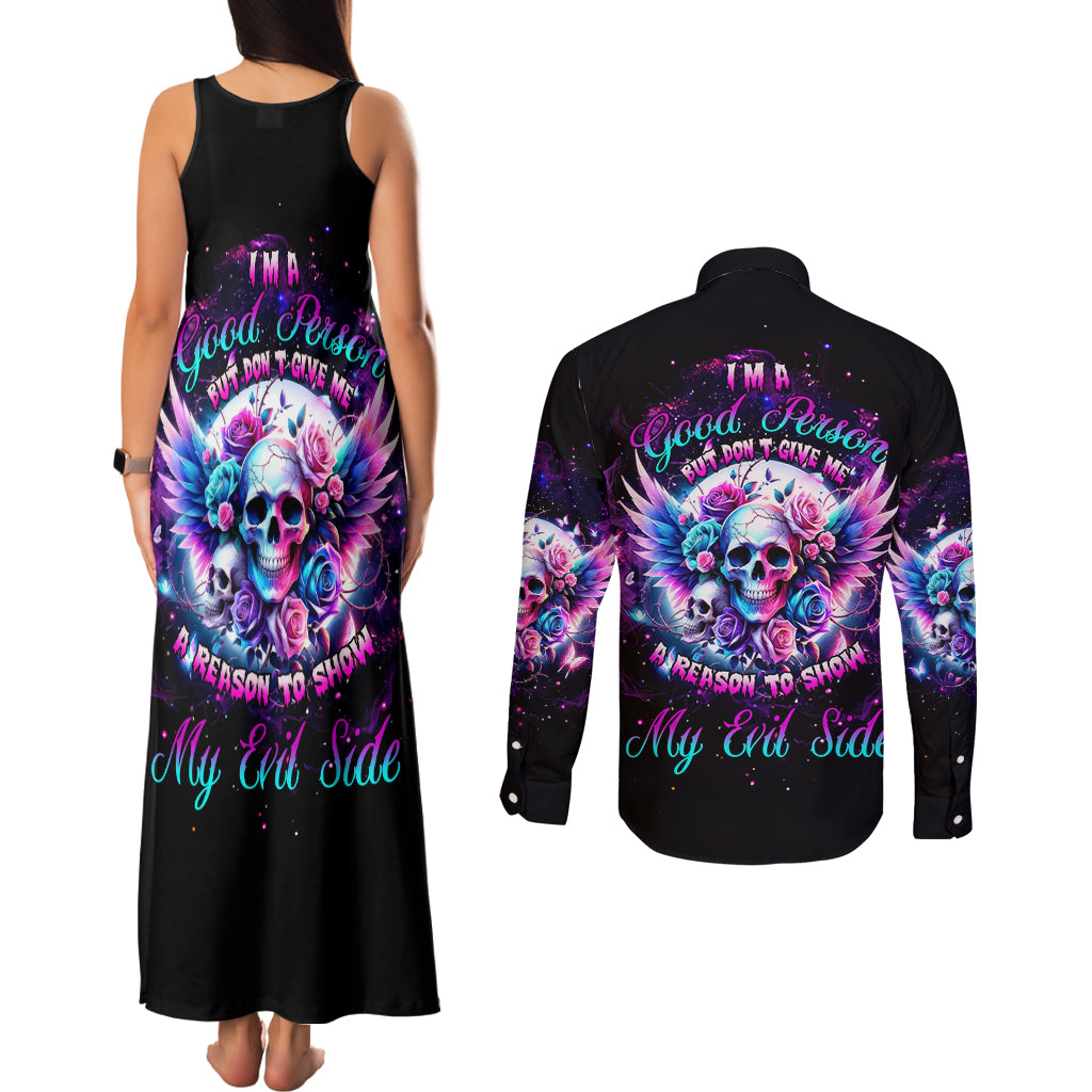 Wings Skll Couples Matching Tank Maxi Dress and Long Sleeve Button Shirt I'm A Good Person But Don't Give Me A Reason To Show My Evil