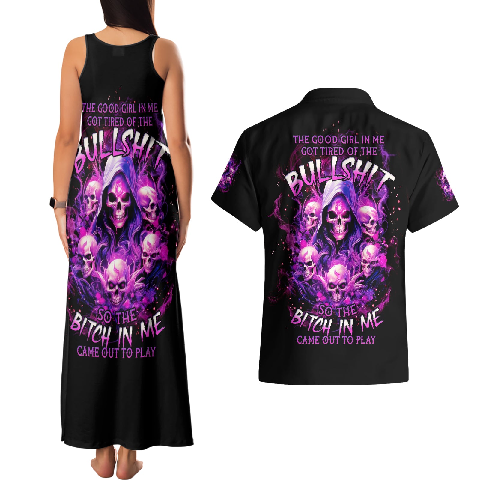 Witch Skull Couples Matching Tank Maxi Dress and Hawaiian Shirt The Good Girl In Me Got Tired Of The Bullshit