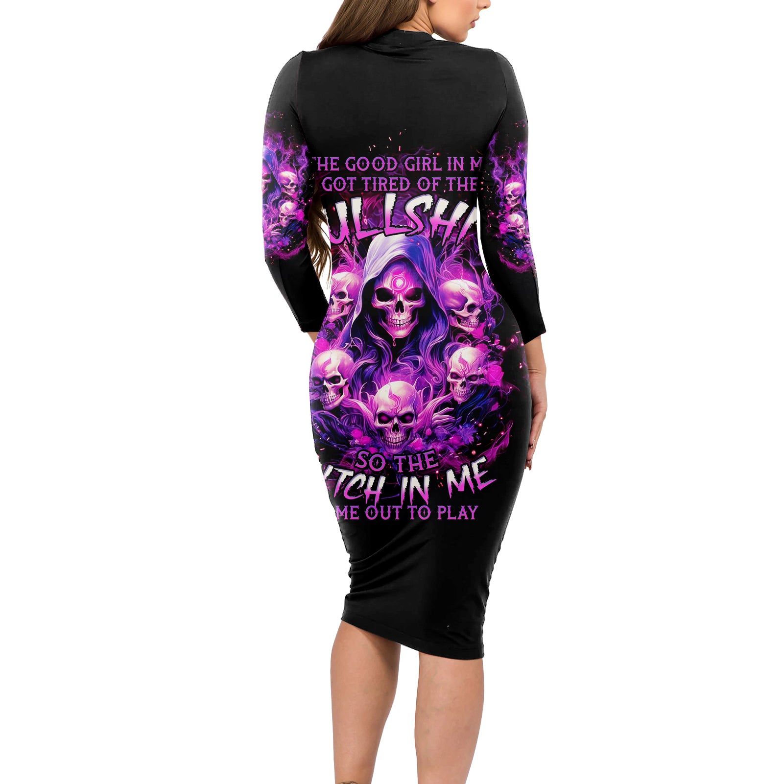 Witch Skull Long Sleeve Bodycon Dress The Good Girl In Me Got Tired Of The Bullshit