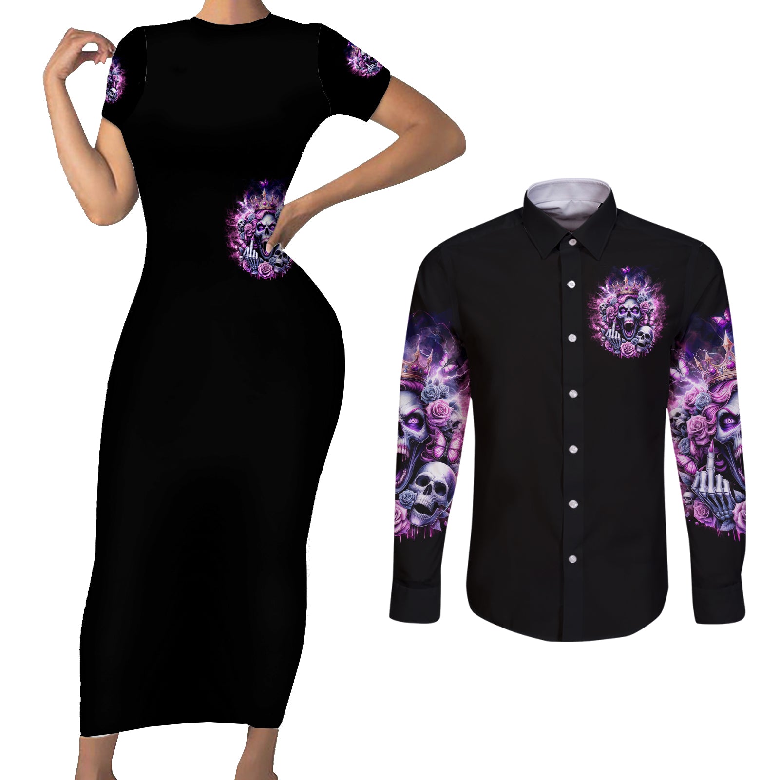 Queen Skull Couples Matching Short Sleeve Bodycon Dress and Long Sleeve Button Shirt Yes I'm A Bitch But Not Yours