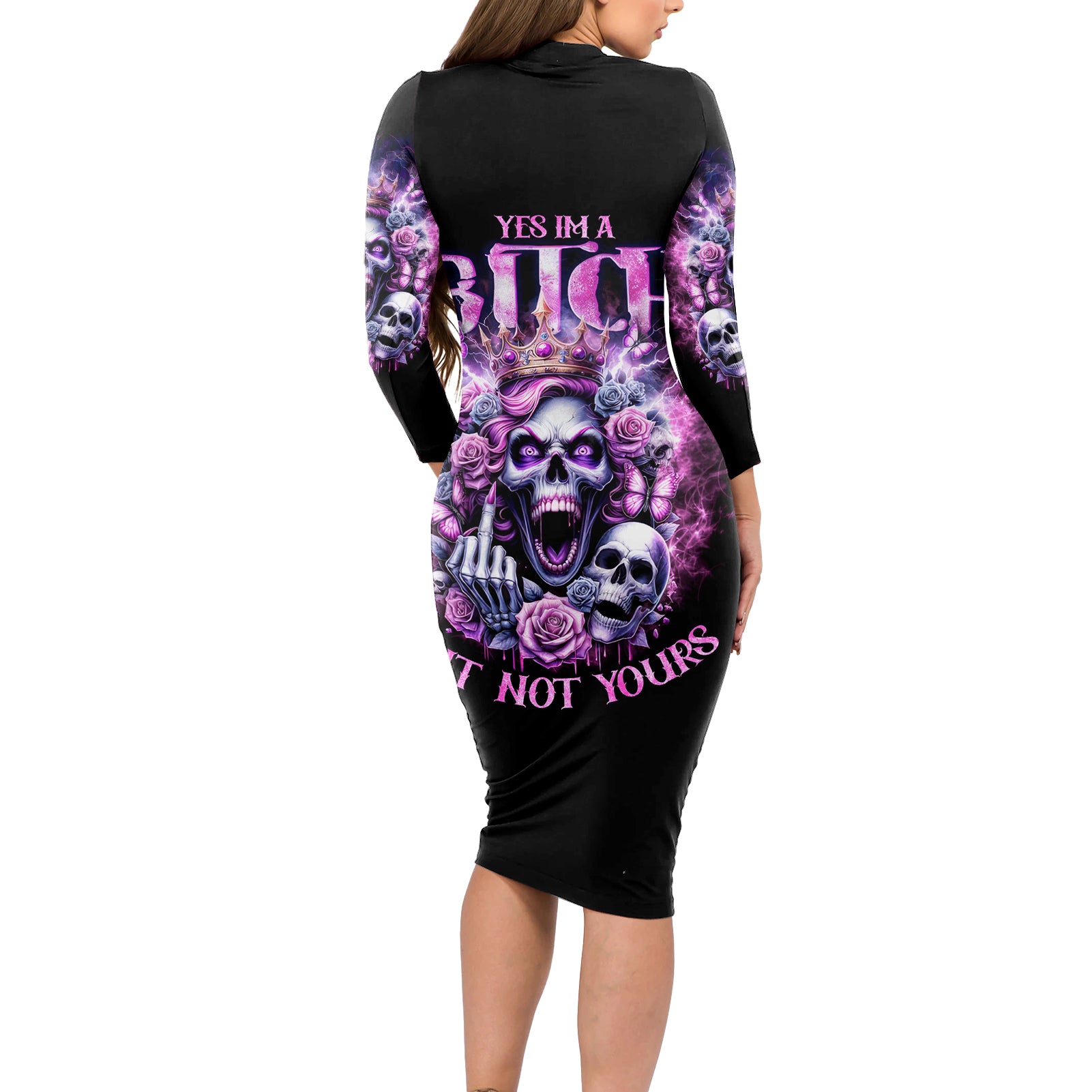 Queen Skull Long Sleeve Bodycon Dress Yes I'm A Bitch But Not Yours
