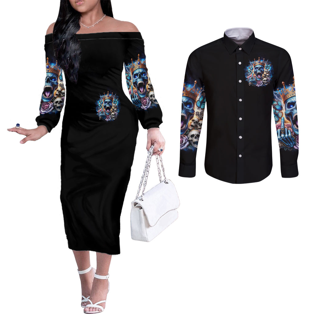 King Skull Couples Matching Off The Shoulder Long Sleeve Dress and Long Sleeve Button Shirt Yes I'm Asshole But Not Yours