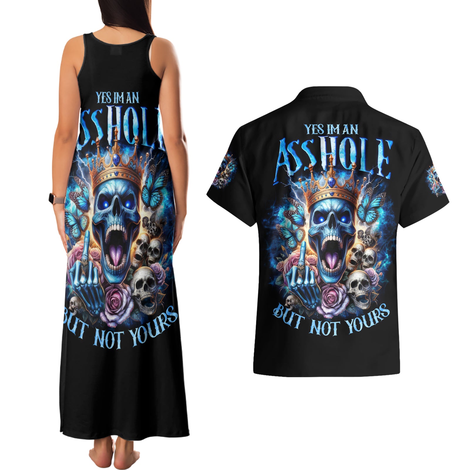 King Skull Couples Matching Tank Maxi Dress and Hawaiian Shirt Yes I'm Asshole But Not Yours
