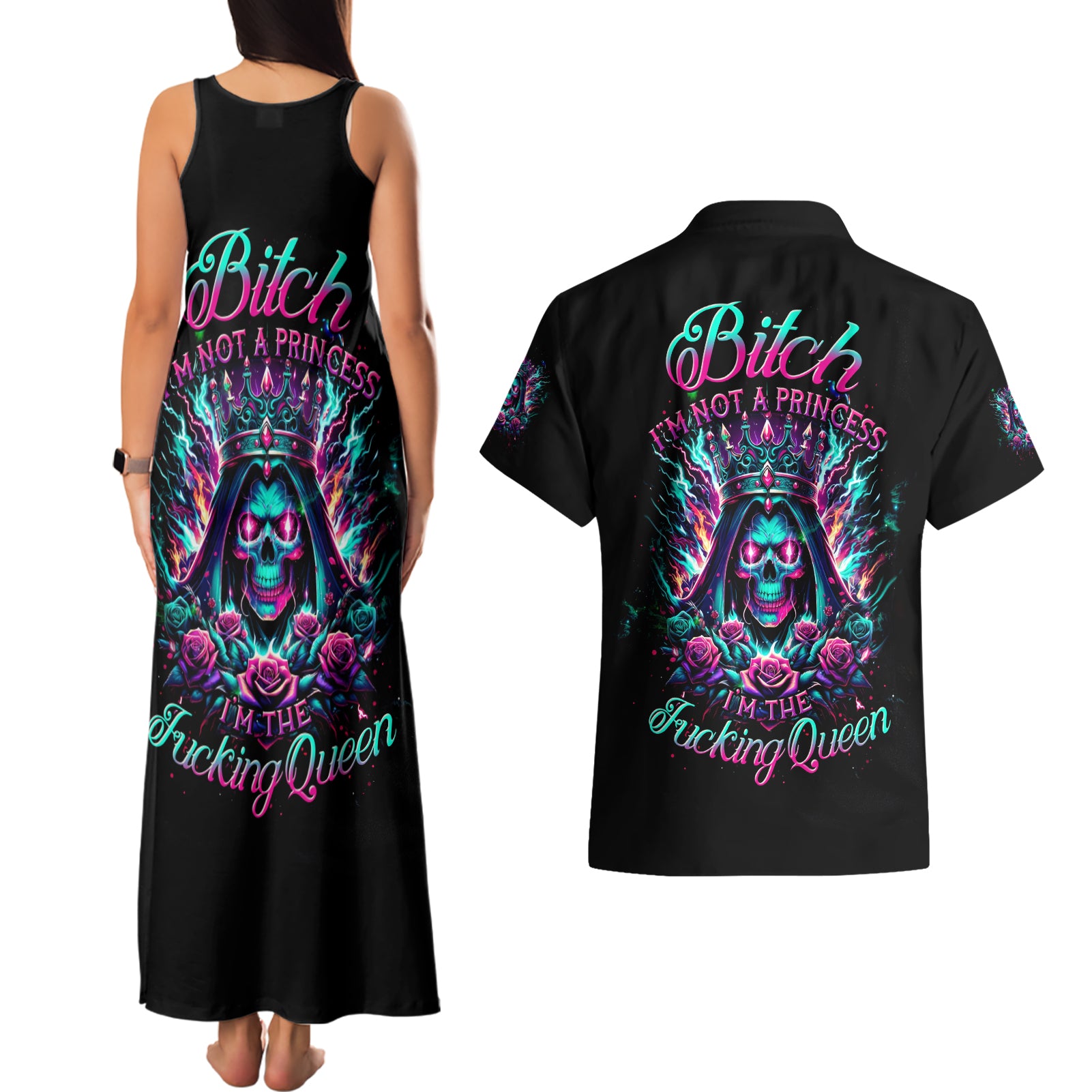 Queen Skull Couples Matching Tank Maxi Dress and Hawaiian Shirt Bitch I'm Not A Princess I'm The Fucking Queen