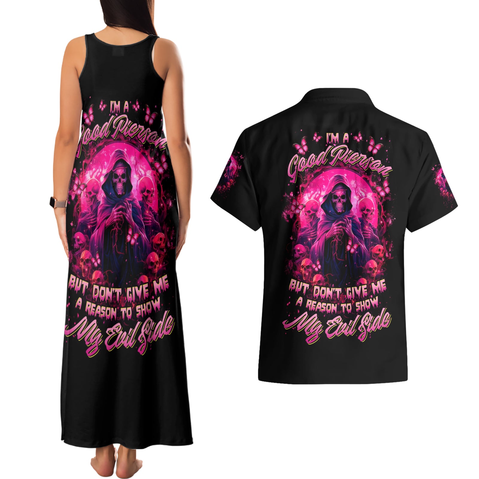 Reaper Skull Couples Matching Tank Maxi Dress and Hawaiian Shirt I'm A Good Person But Don't Give Me A Reason To Show My Evil