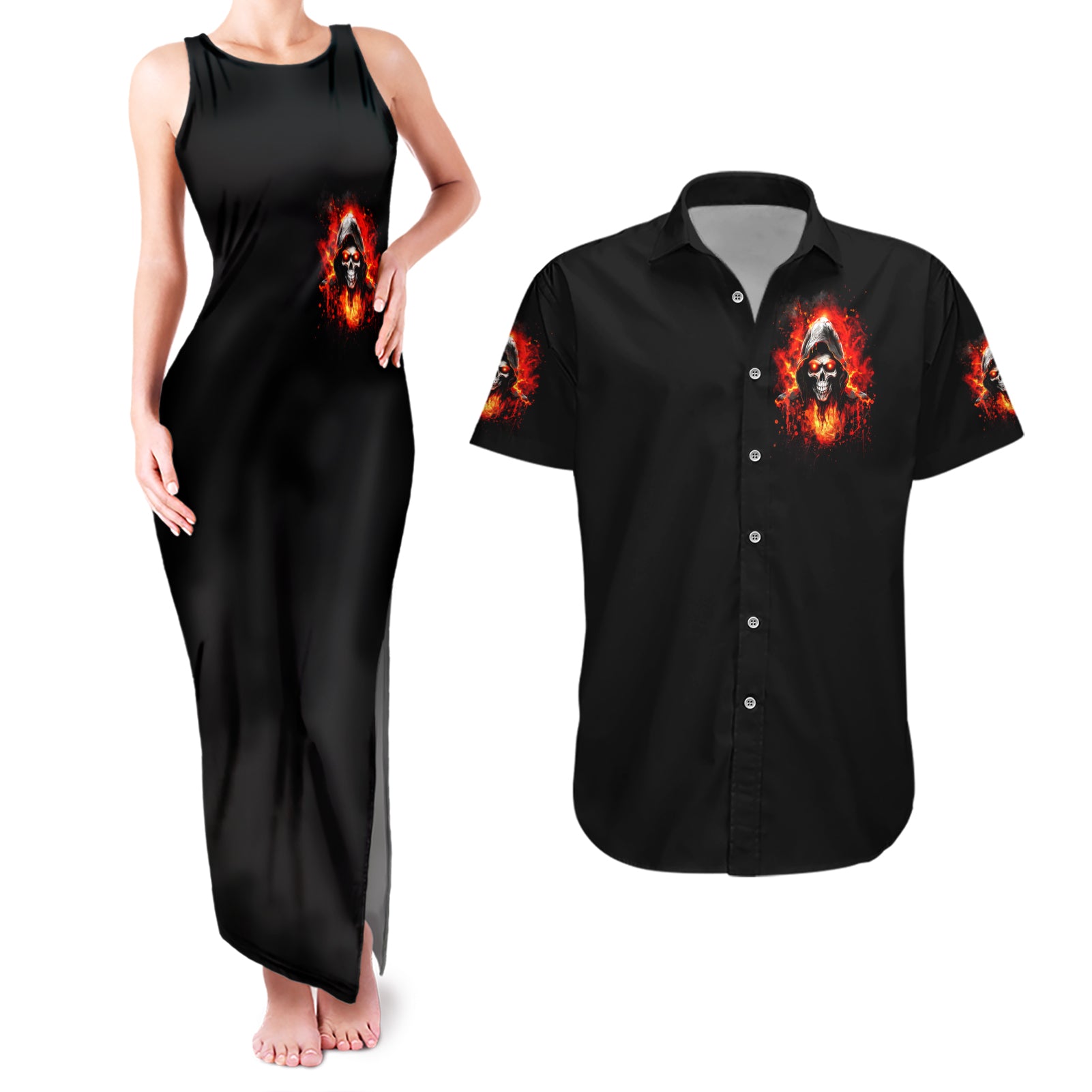 Flame Skull Couples Matching Tank Maxi Dress and Hawaiian Shirt Hello Darkness My Old Friend