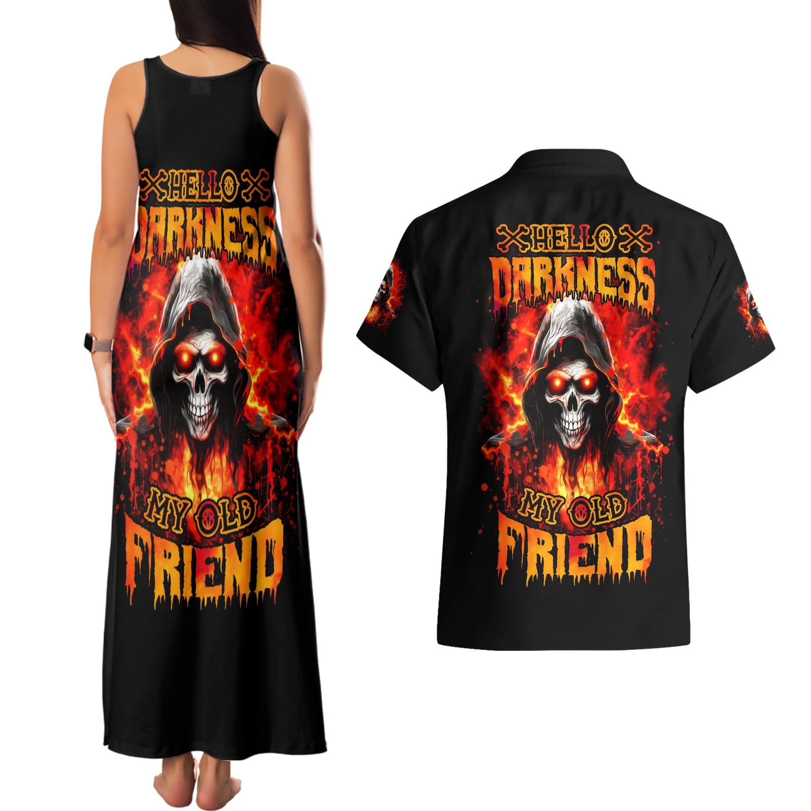 Flame Skull Couples Matching Tank Maxi Dress and Hawaiian Shirt Hello Darkness My Old Friend