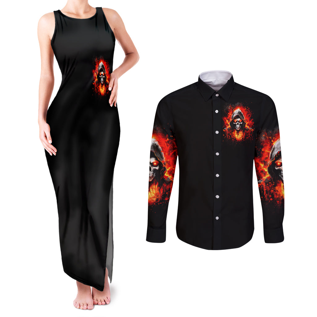 Flame Skull Couples Matching Tank Maxi Dress and Long Sleeve Button Shirt Hello Darkness My Old Friend