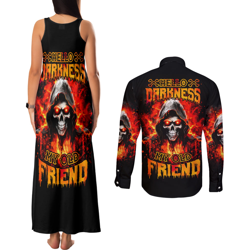 Flame Skull Couples Matching Tank Maxi Dress and Long Sleeve Button Shirt Hello Darkness My Old Friend