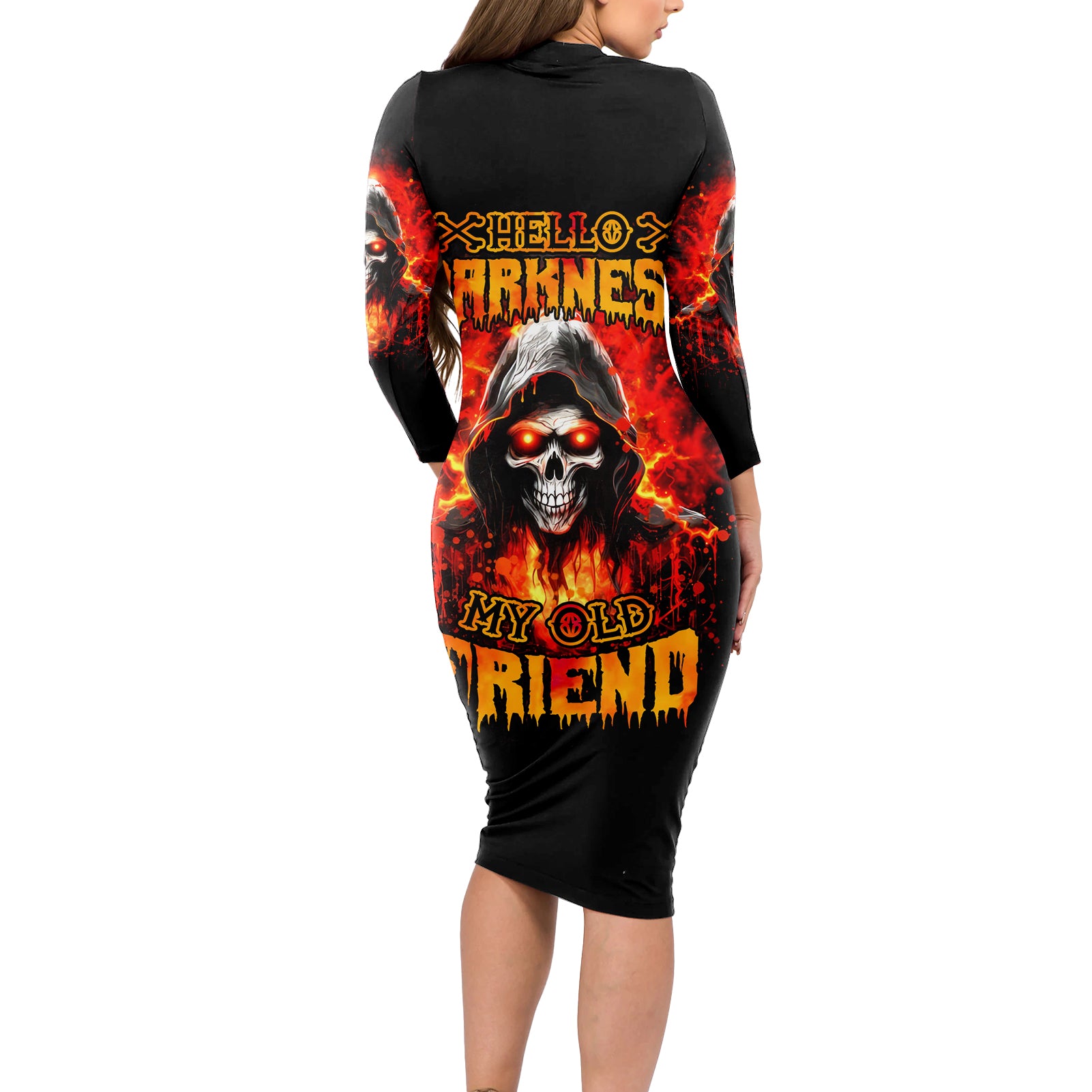 Flame Skull Long Sleeve Bodycon Dress Hello Darkness My Old Friend