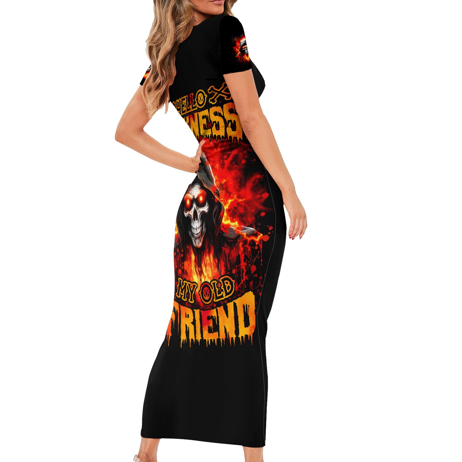 Flame Skull Short Sleeve Bodycon Dress Hello Darkness My Old Friend