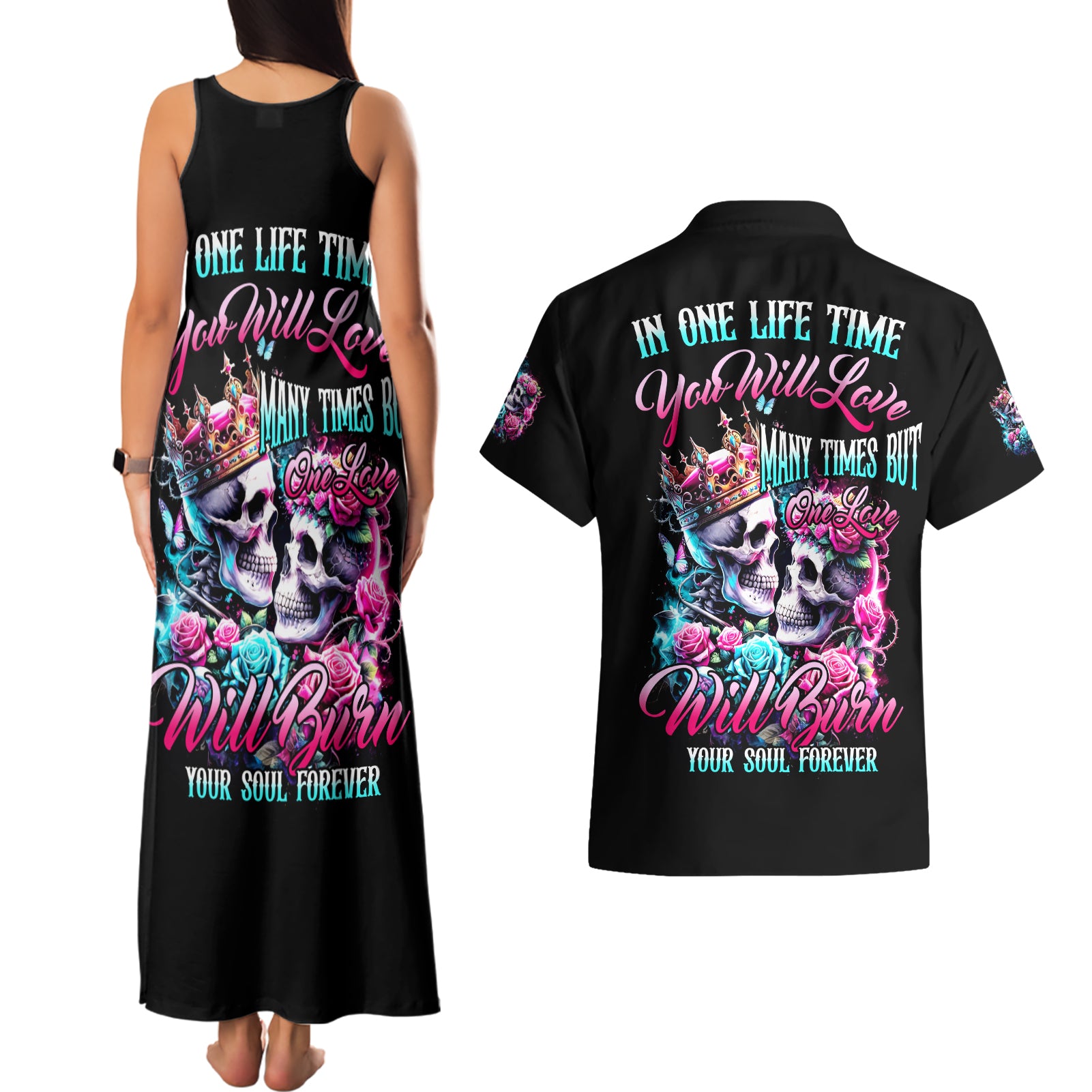 Couple Skull Couples Matching Tank Maxi Dress and Hawaiian Shirt In One Life Time You Will Love Many Time But One Love
