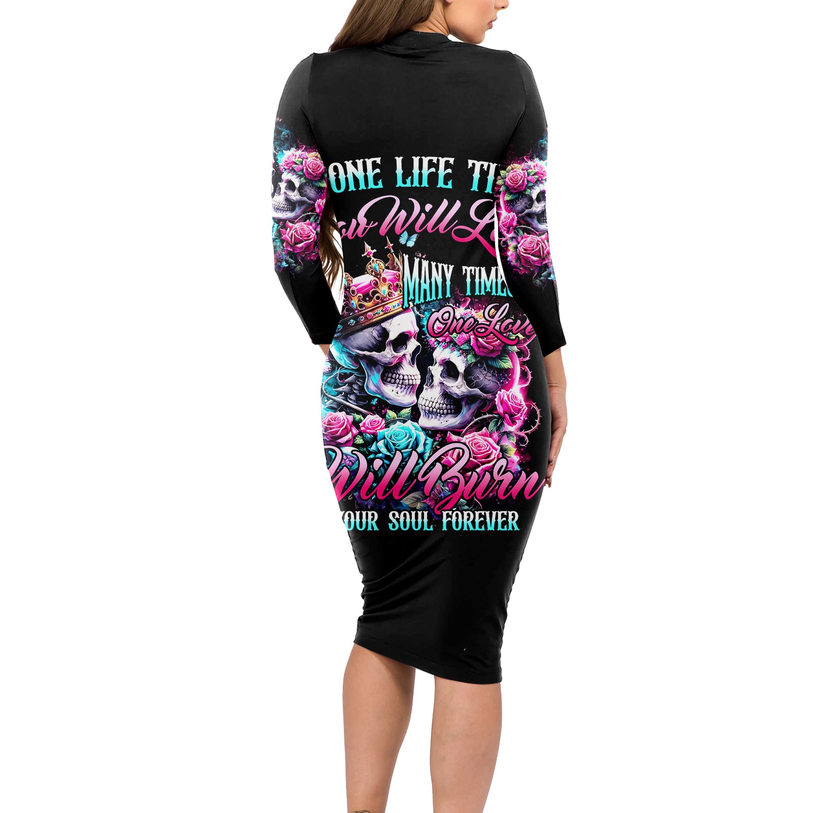 Couple Skull Long Sleeve Bodycon Dress In One Life Time You Will Love Many Time But One Love