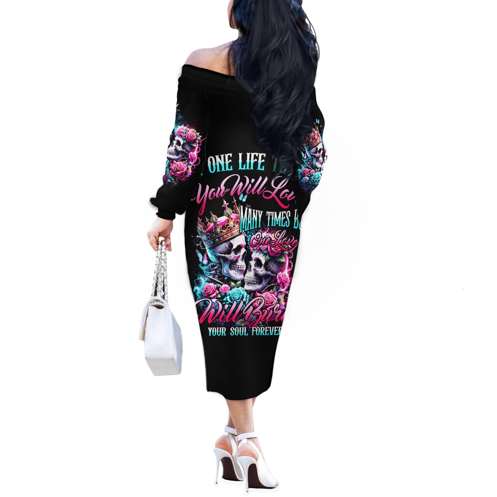Couple Skull Off The Shoulder Long Sleeve Dress In One Life Time You Will Love Many Time But One Love