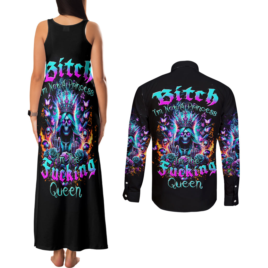 Queen Skull Couples Matching Tank Maxi Dress and Long Sleeve Button Shirt Bitch I'm Not A Princess I'm The Fucking Queen