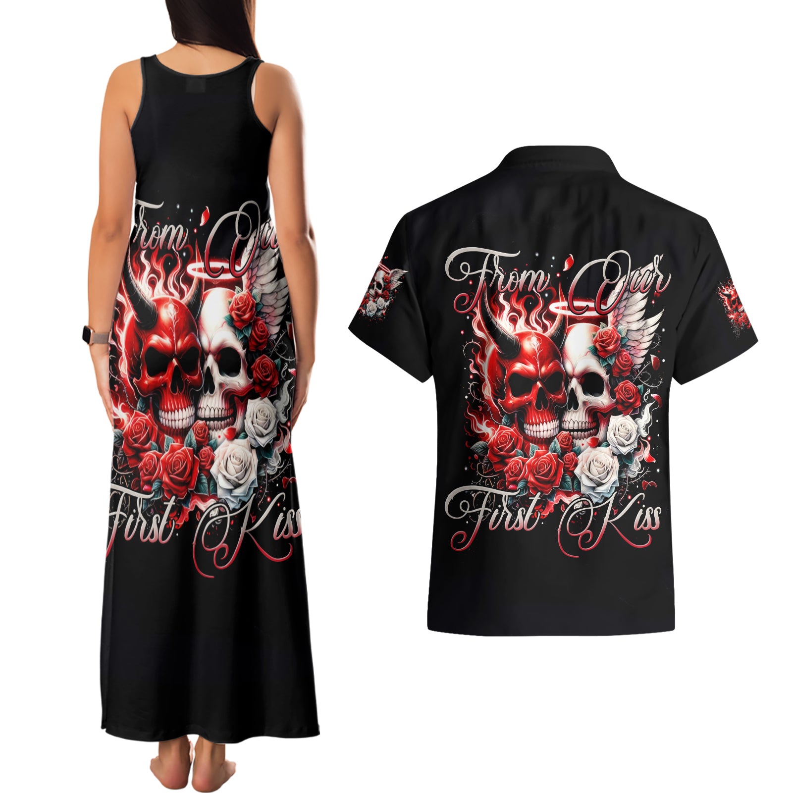 Couple Skull Couples Matching Tank Maxi Dress and Hawaiian Shirt From Our First Kiss