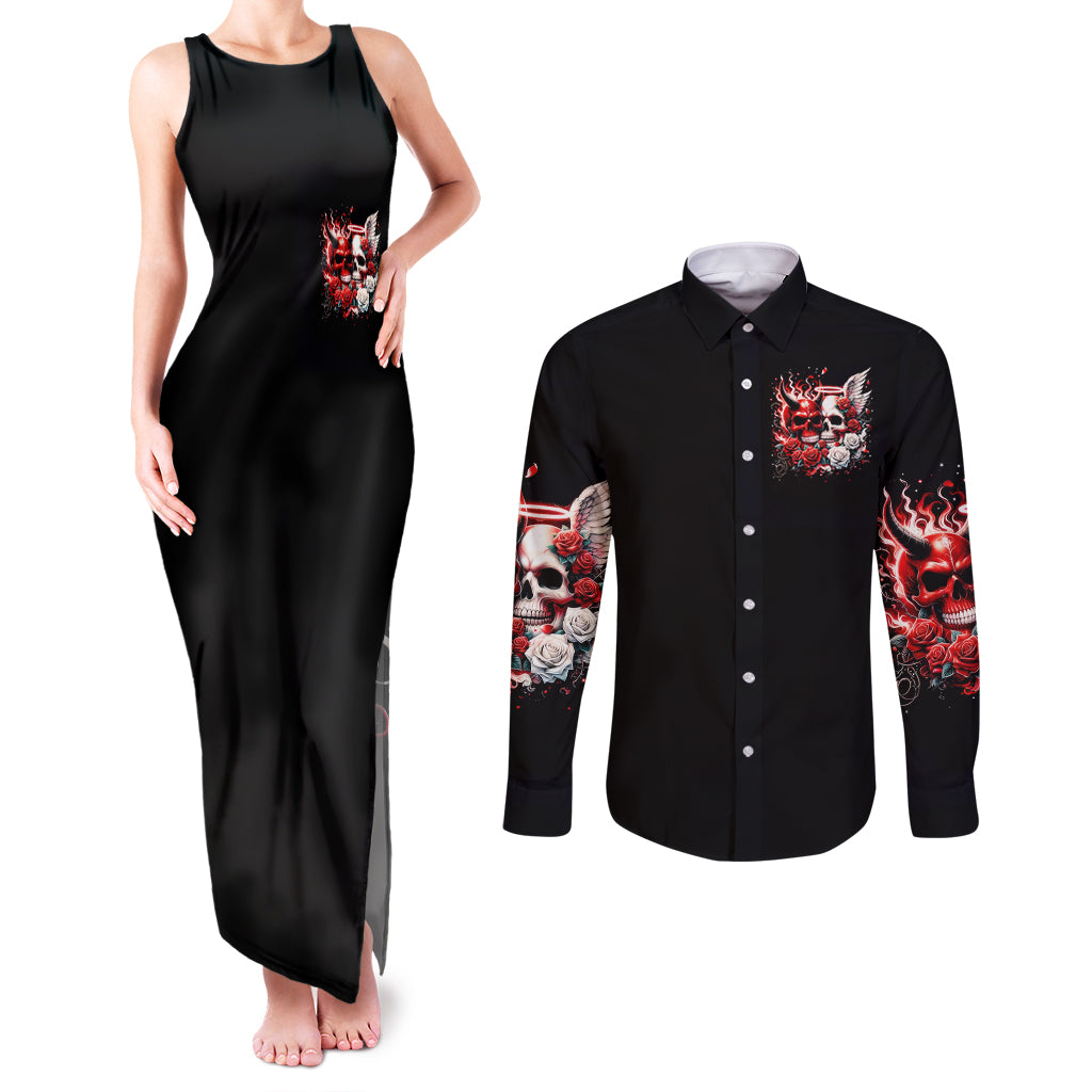 Couple Skull Couples Matching Tank Maxi Dress and Long Sleeve Button Shirt From Our First Kiss
