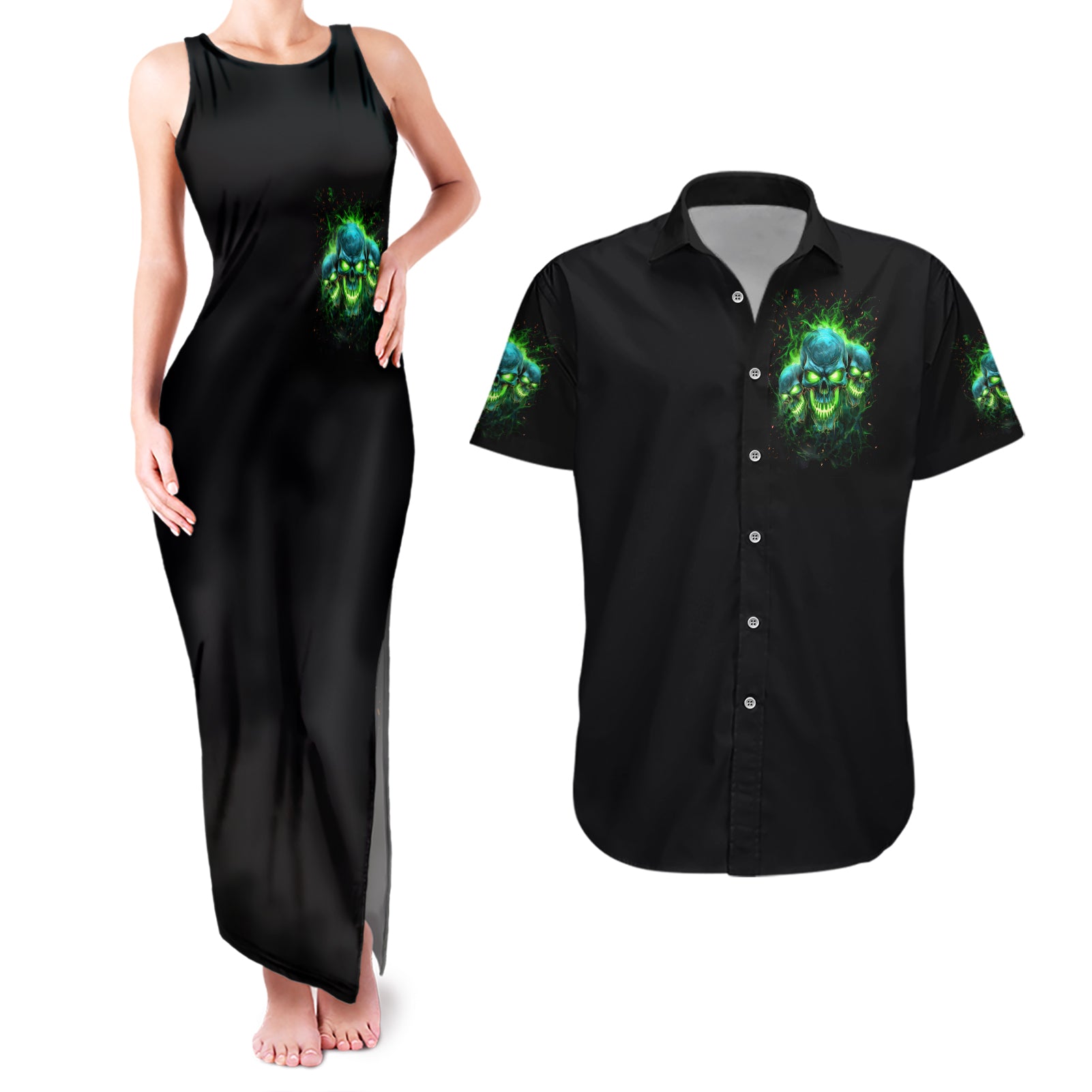 Flame Skull Couples Matching Tank Maxi Dress and Hawaiian Shirt I'm Never Alone My Demons Are Wit Me 24/7