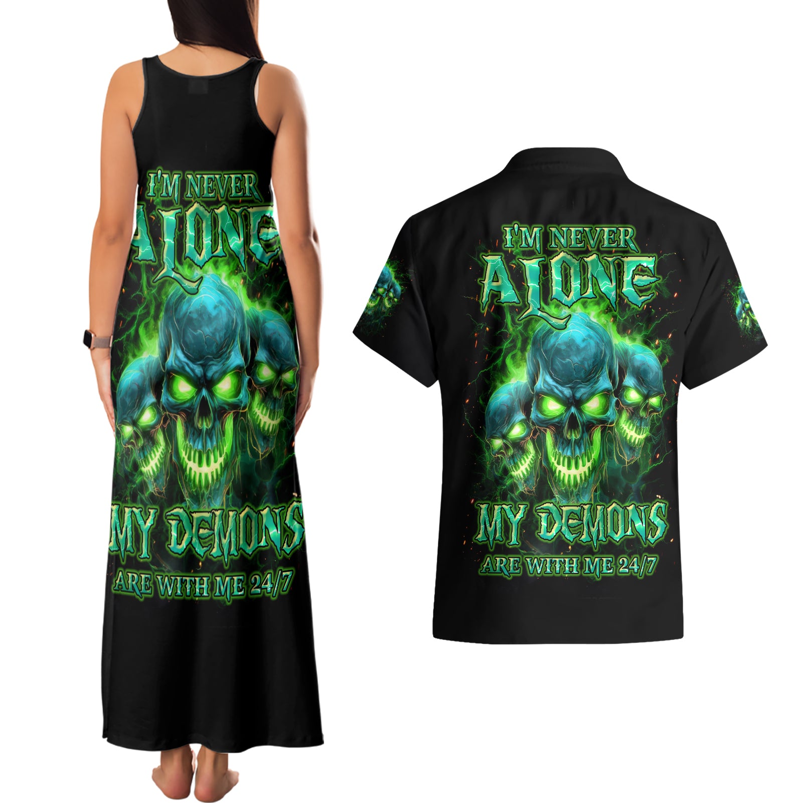 Flame Skull Couples Matching Tank Maxi Dress and Hawaiian Shirt I'm Never Alone My Demons Are Wit Me 24/7
