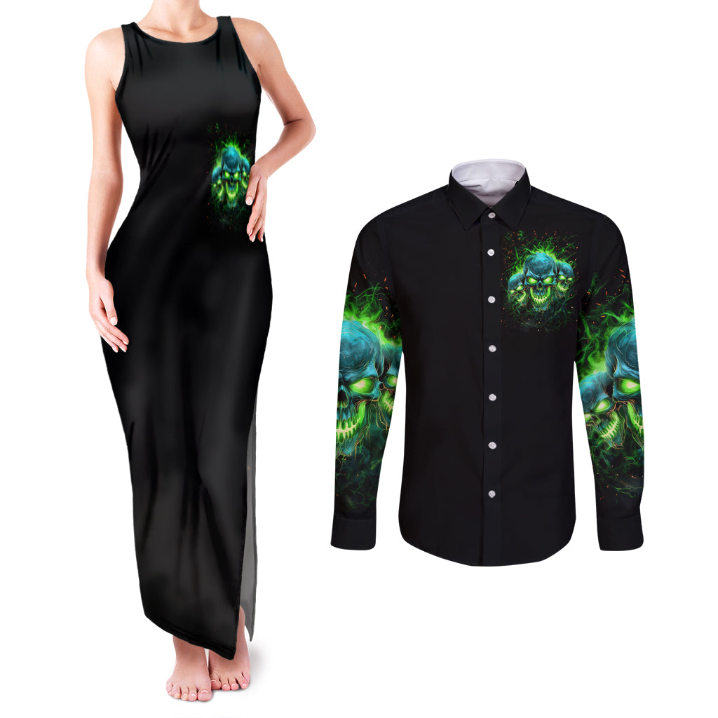 Flame Skull Couples Matching Tank Maxi Dress and Long Sleeve Button Shirt I'm Never Alone My Demons Are Wit Me 24/7