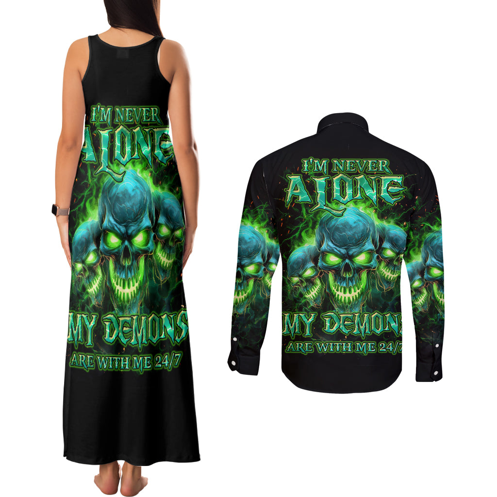 Flame Skull Couples Matching Tank Maxi Dress and Long Sleeve Button Shirt I'm Never Alone My Demons Are Wit Me 24/7
