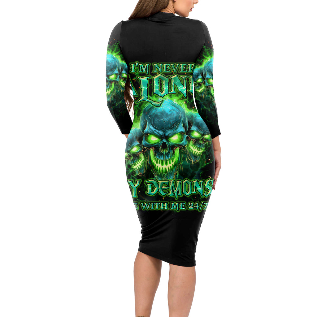 Flame Skull Long Sleeve Bodycon Dress I'm Never Alone My Demons Are Wit Me 24/7
