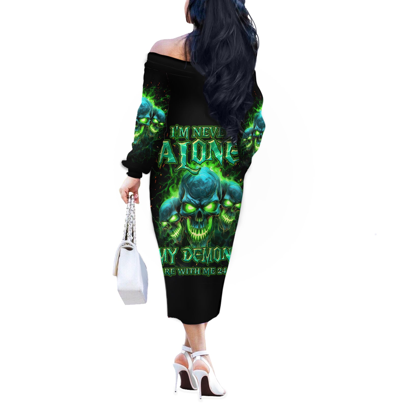 Flame Skull Off The Shoulder Long Sleeve Dress I'm Never Alone My Demons Are Wit Me 24/7