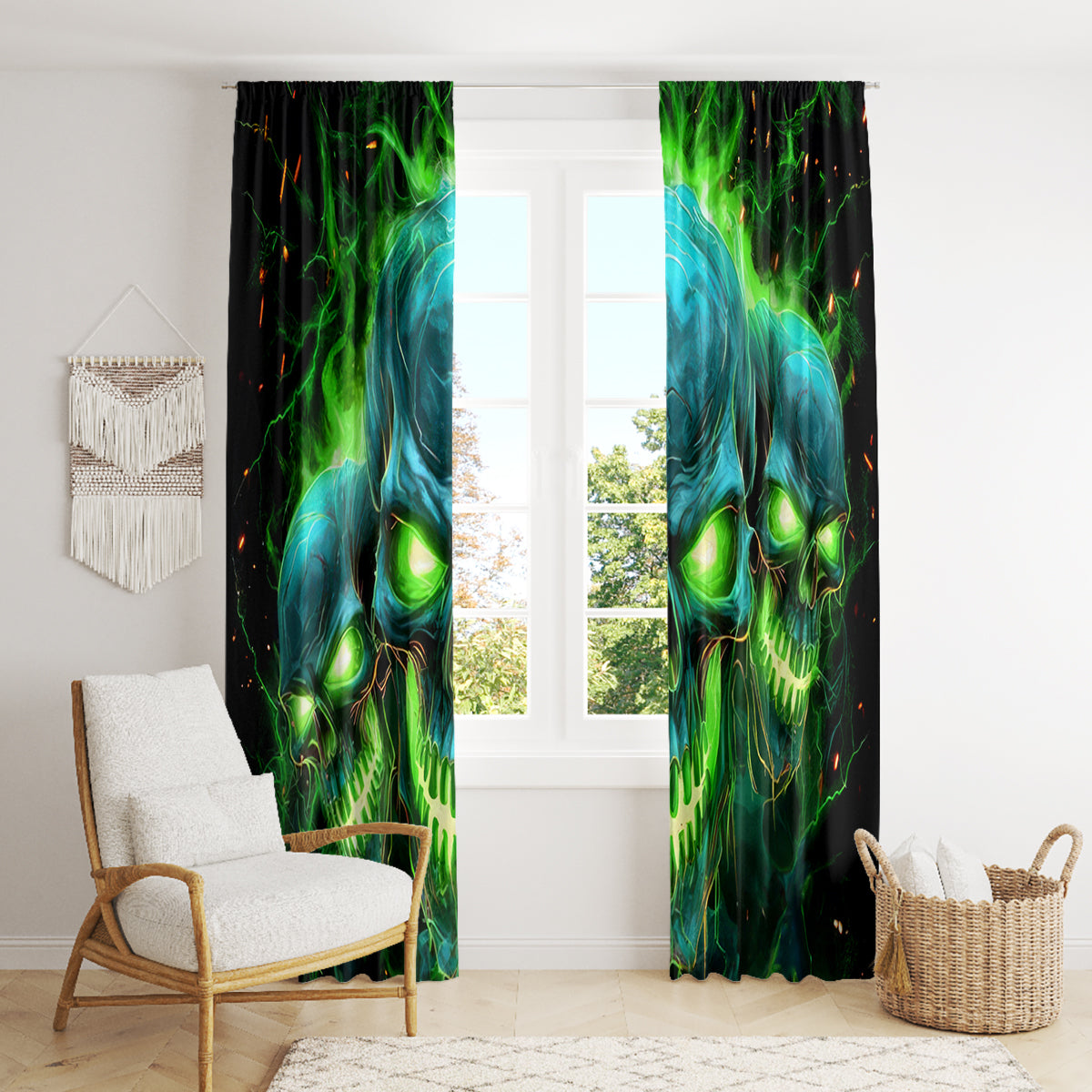 Flame Skull Window Curtain I'm Never Alone My Demons Are Wit Me 24/7