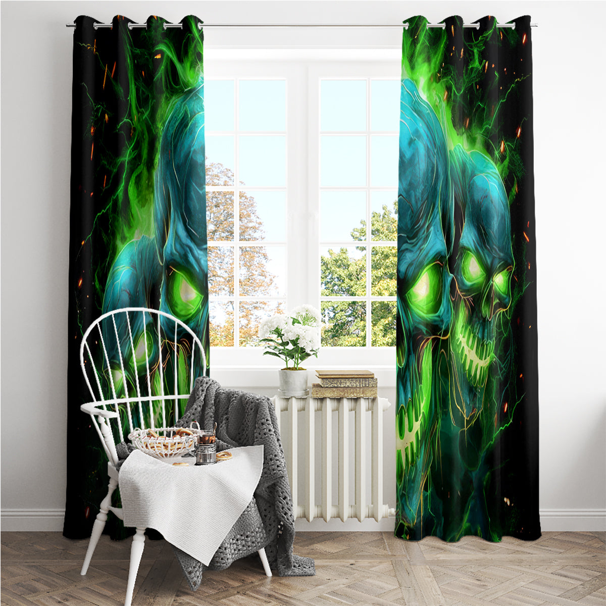 Flame Skull Window Curtain I'm Never Alone My Demons Are Wit Me 24/7