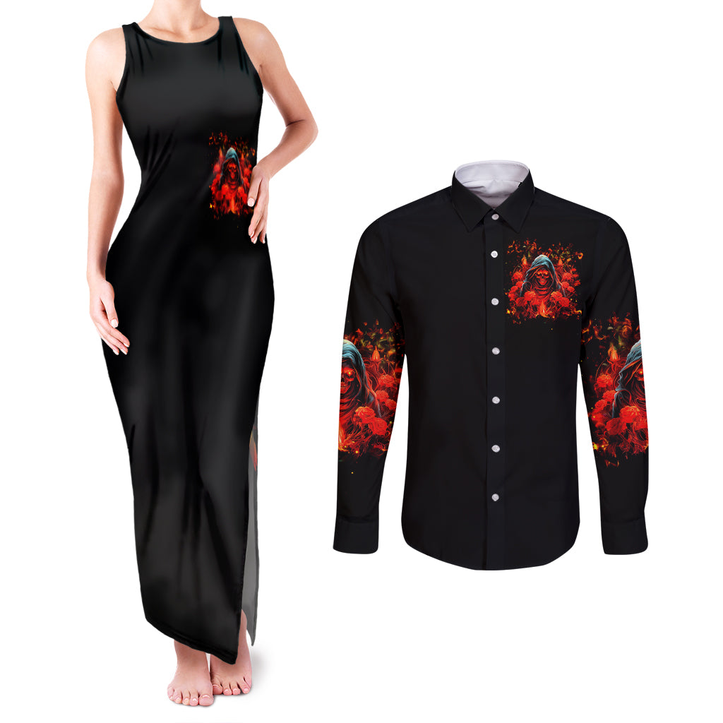 Rose Skull Couples Matching Tank Maxi Dress and Long Sleeve Button Shirt Iam Sweet Girl But If You Piss Me Off