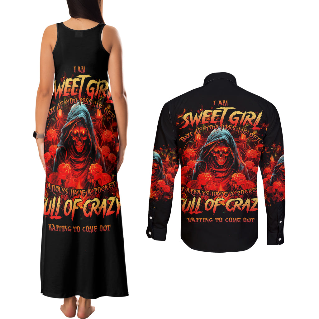 Rose Skull Couples Matching Tank Maxi Dress and Long Sleeve Button Shirt Iam Sweet Girl But If You Piss Me Off