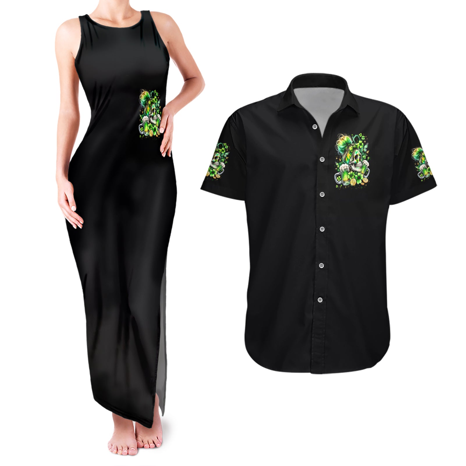 Irish Skull Couples Matching Tank Maxi Dress and Hawaiian Shirt Drink Up Bitches
