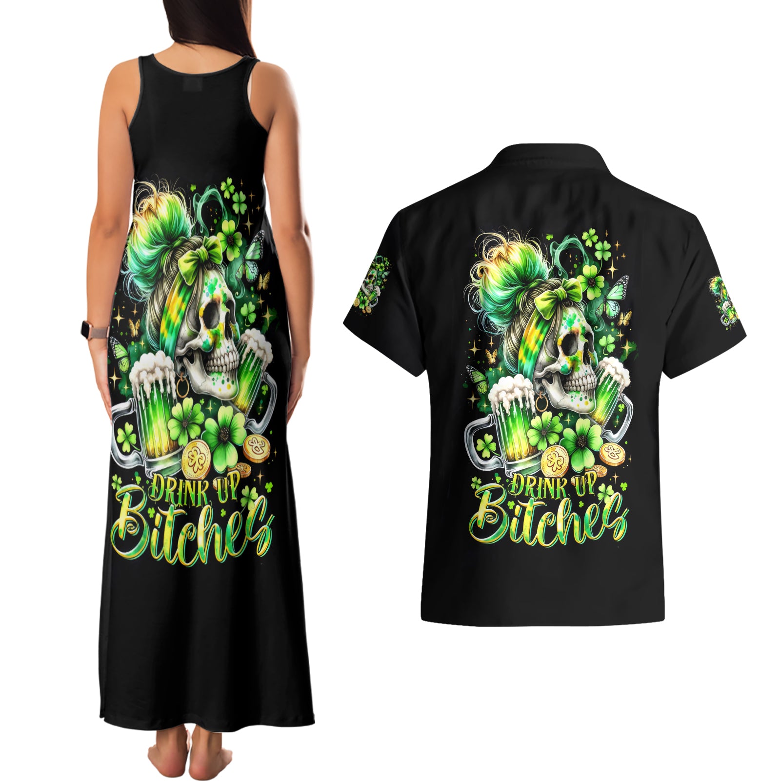 Irish Skull Couples Matching Tank Maxi Dress and Hawaiian Shirt Drink Up Bitches