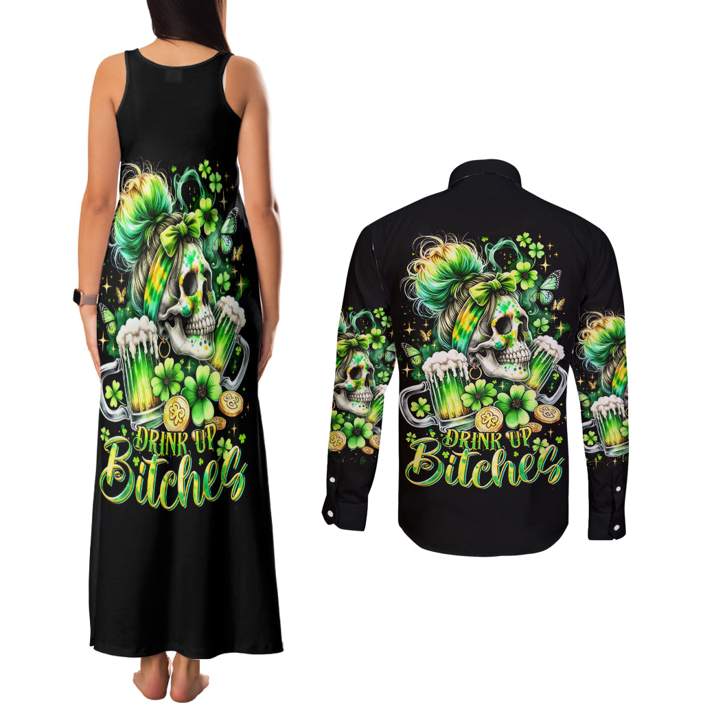 Irish Skull Couples Matching Tank Maxi Dress and Long Sleeve Button Shirt Drink Up Bitches